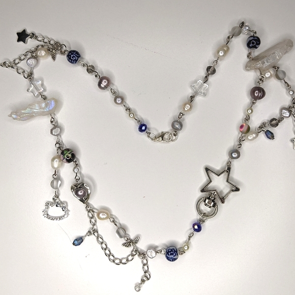 Star necklace with blue beads chain and charms. Handmade by me. - Picture 6 of 7